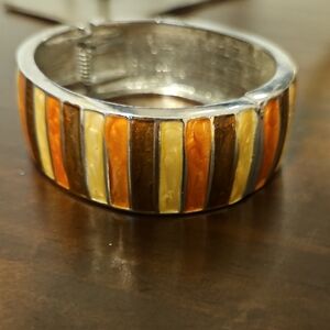 Multi-Color Inlay Wide Bangle Bracelet - Orange, Brown & Cream